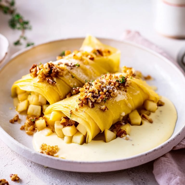 Warm slices of homemade Apple Strudel, bursting with spiced apples, are drizzled with vanilla sauce.