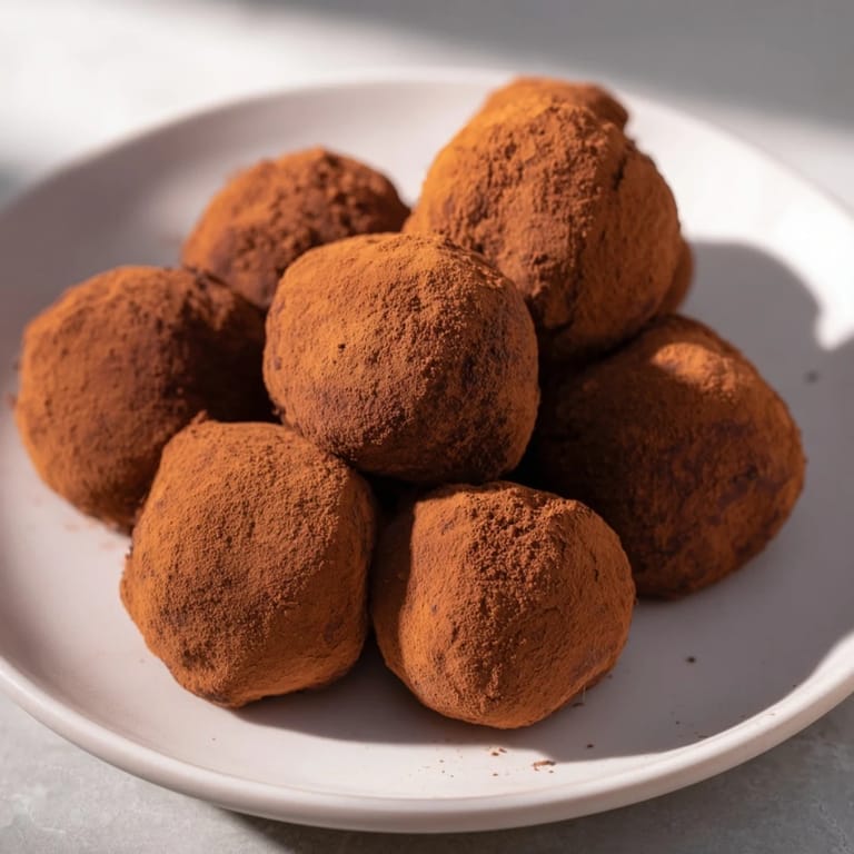 A serving of Dark Chocolate Truffles, ready to melt in your mouth, is displayed on a tray.
