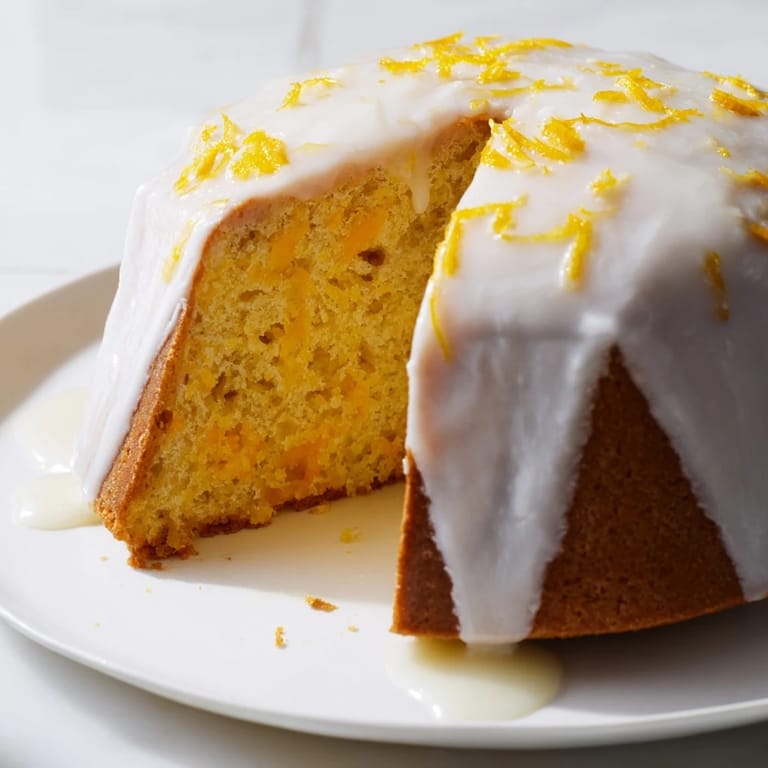 Close-up of a golden brown lemon loaf cake showcasing its tender crumb, fresh from the oven.