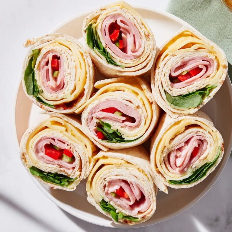 Freshly made Turkey and Provolone Pinwheels, showcasing colorful veggies and creamy spread, ready to serve and enjoy.