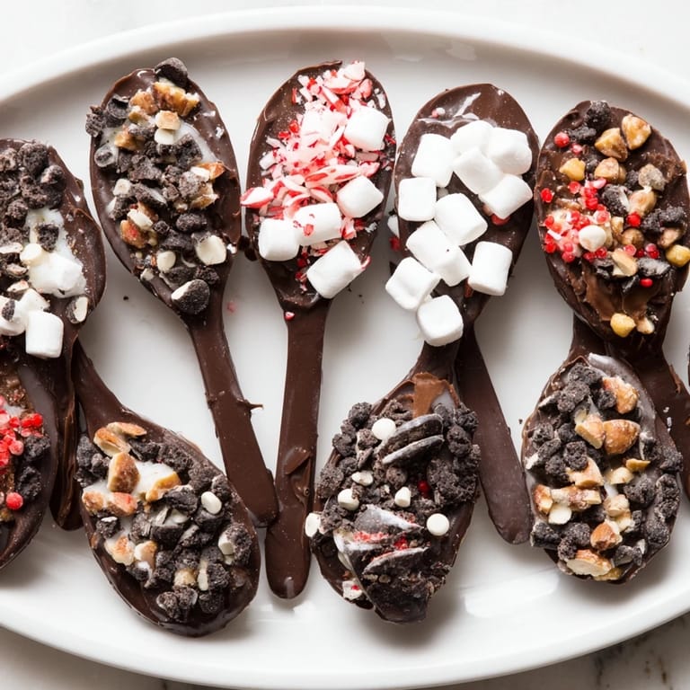Creamy dipped hot chocolate spoons offer an interactive dessert experience with various toppings arranged.