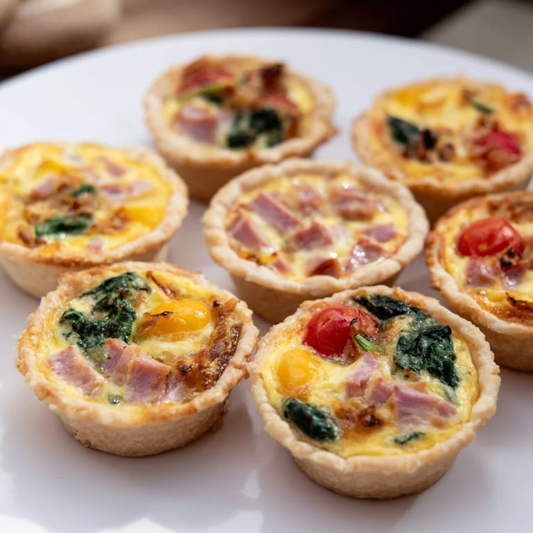 A close-up of a delightful Mini Quiche Holiday Village Board, offering various savory flavors.
