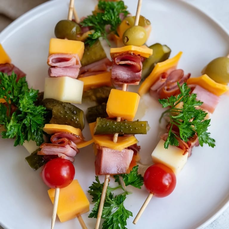 Close-up of hearty Savory Skewers, boasting layers of cheese, meats, tomatoes and olives, ready to eat.