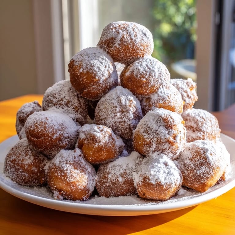 Fluffy, golden-brown powdered donut holes piled high on a platter, perfect for sharing and dipping.