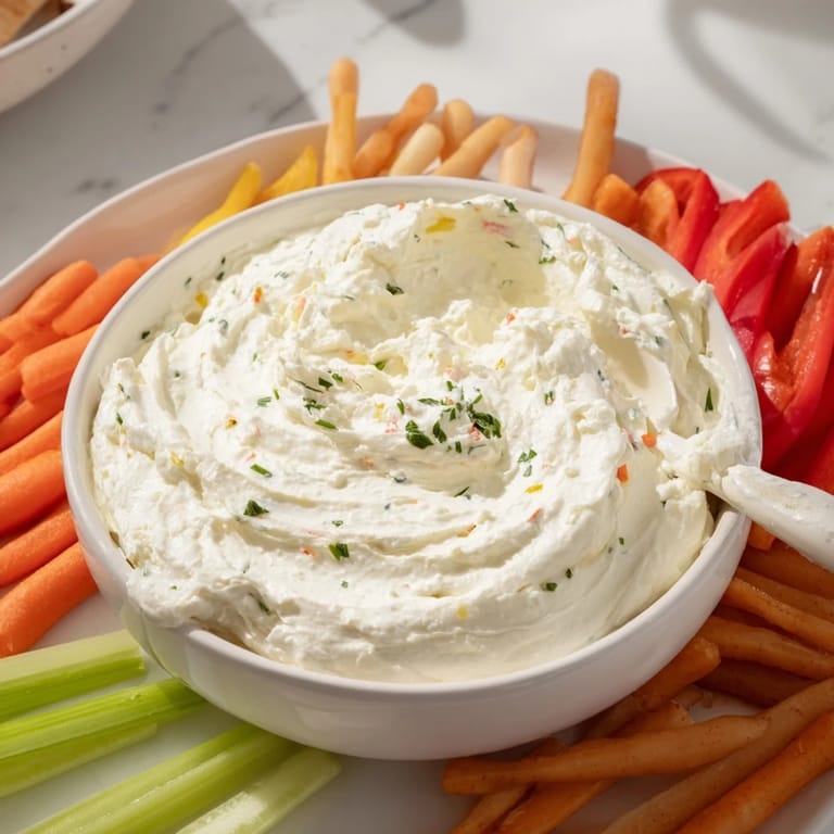 This creamy Kids Dip: Cream Cheese and Ranch Dip is served with crisp, fresh, colorful crudités.
