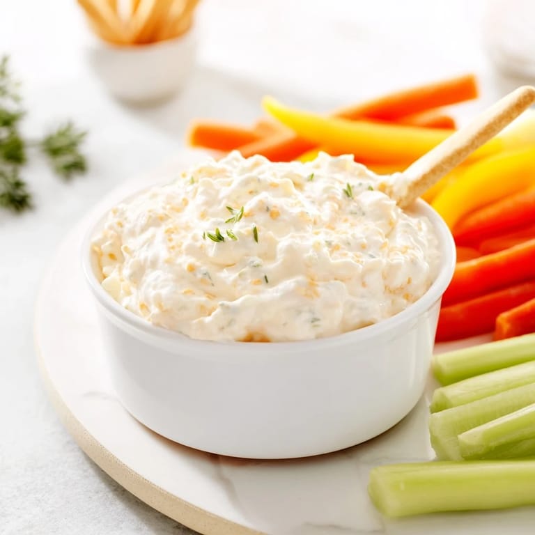 Enjoy this easy, kid-friendly snack: a bowl of Kids Dip: Cream Cheese and Ranch Dip with veggie dippers.