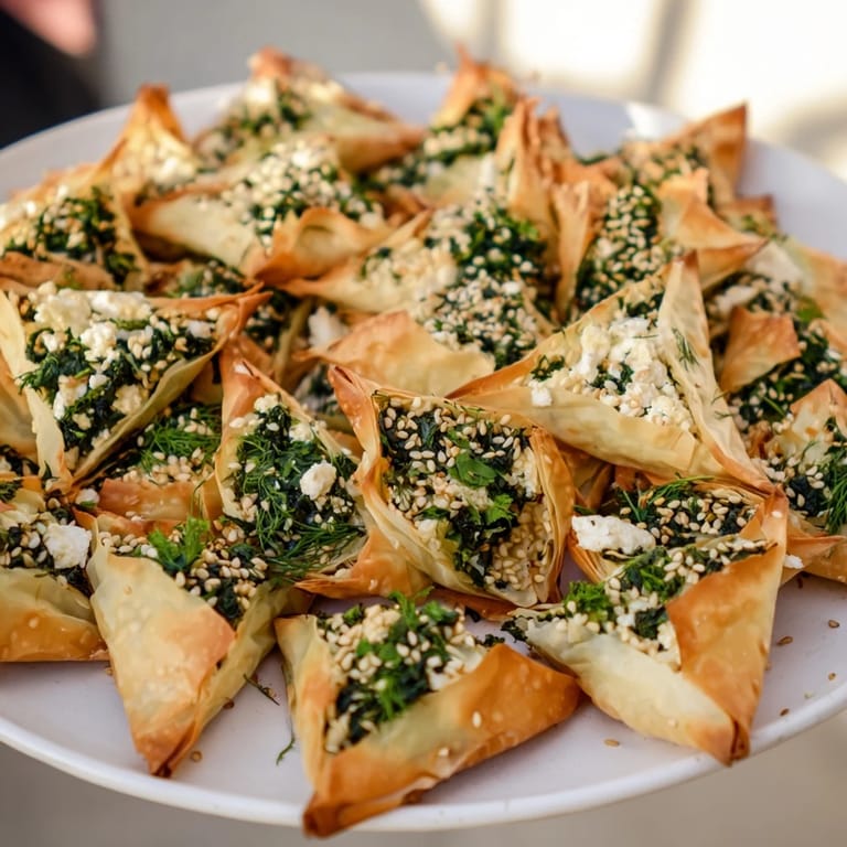 Crispy layers and a savory aroma define these delicious Mini Spanakopita Triangle Cluster appetizers, perfect for sharing.