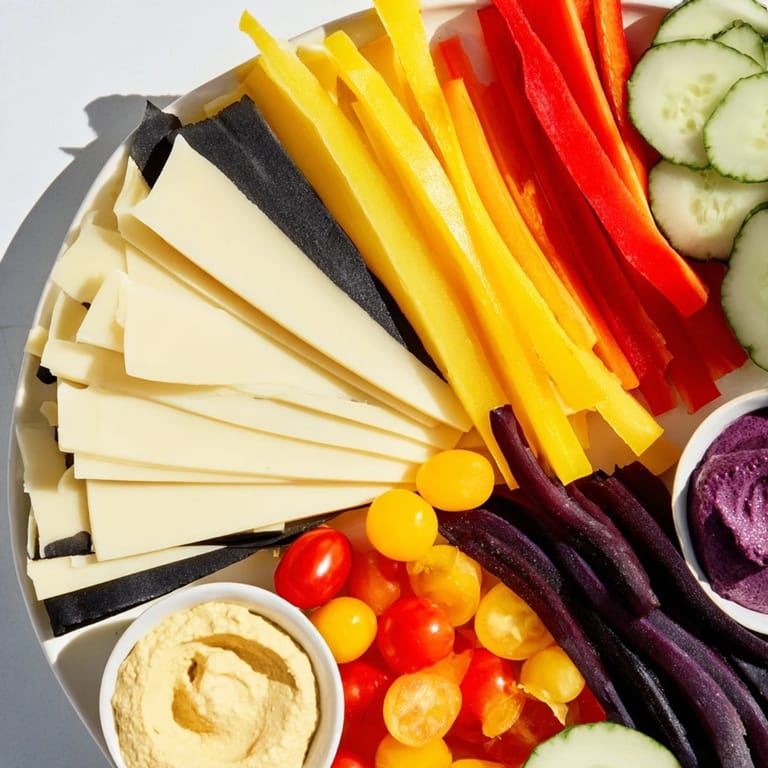 A colorful Zig-Zag Lightning Strike platter featuring crunchy crackers and fresh, seasonal produce.