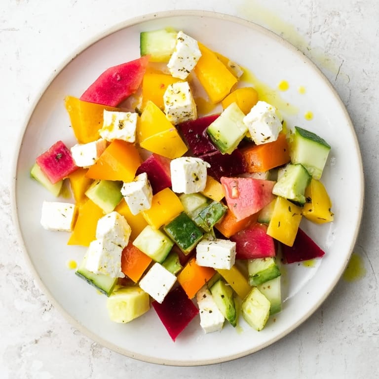 Perfectly cubed ingredients arranged in a geometric, attractive Cube Geometry Study salad.