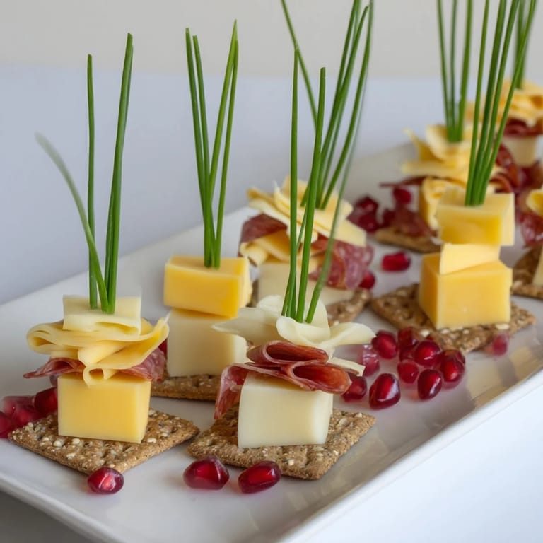 This Layered Urban Skyline showcases a beautiful appetizer with savory folded meats and cheese towers ready to eat.