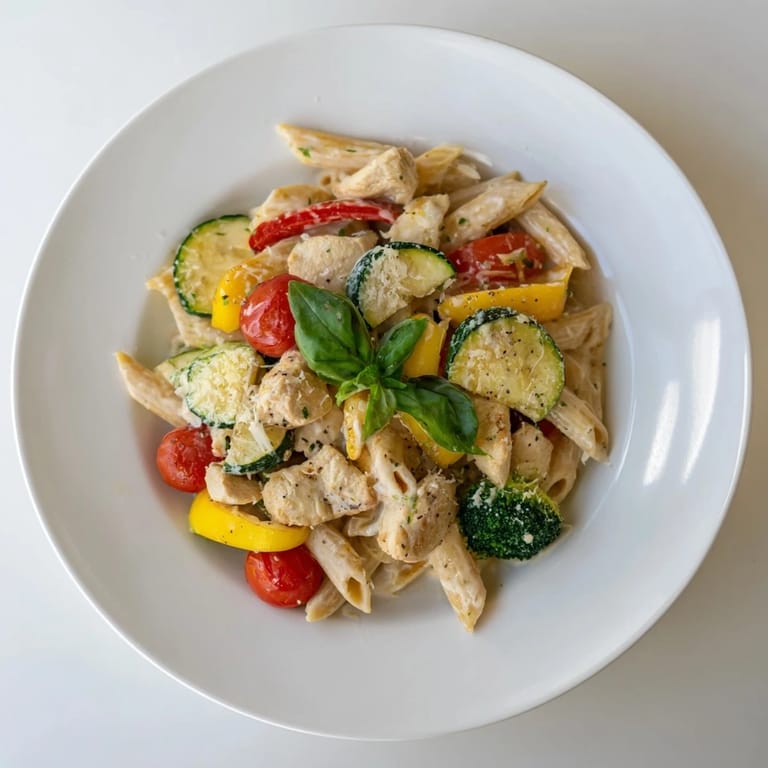 Delicious 5-4-3-2-1 Pasta Primavera with perfectly cooked chicken and a creamy sauce awaits.