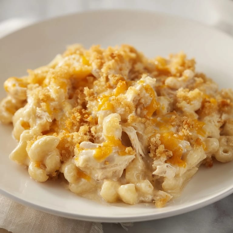 A close-up of creamy Struggle Meal Chicken Macaroni shows the tender pasta and shredded chicken.