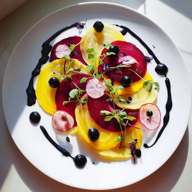 Artistic plating of The Shadow Play appetizer: layered beets, dramatic blackberries, with microgreen garnish.