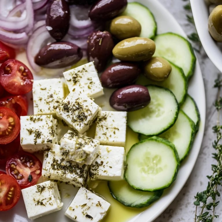 Beautifully arranged Sun-Drenched Patio with a variety of fresh mezze like feta cheese and crisp pita for dipping.