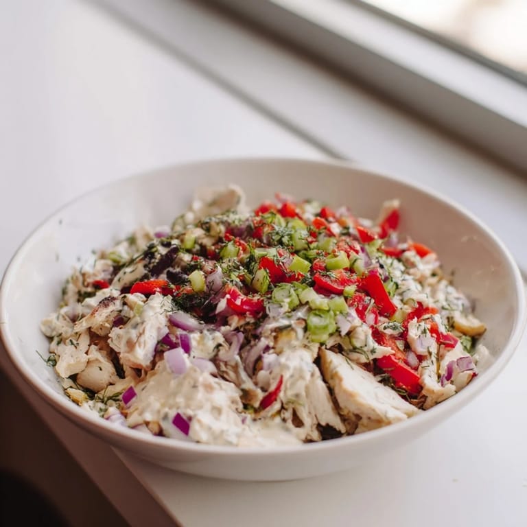 Homemade canned chicken salad infused with zesty Mrs. Dash, served chilled for a light yet satisfying meal option.