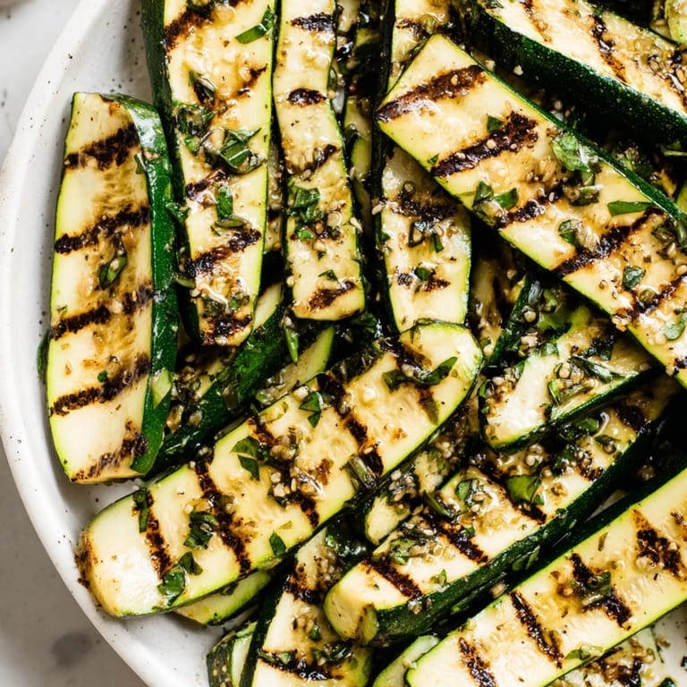 Tender grilled slices of Garlic Herb Grilled Zucchini, ready to be served as a flavorful side.