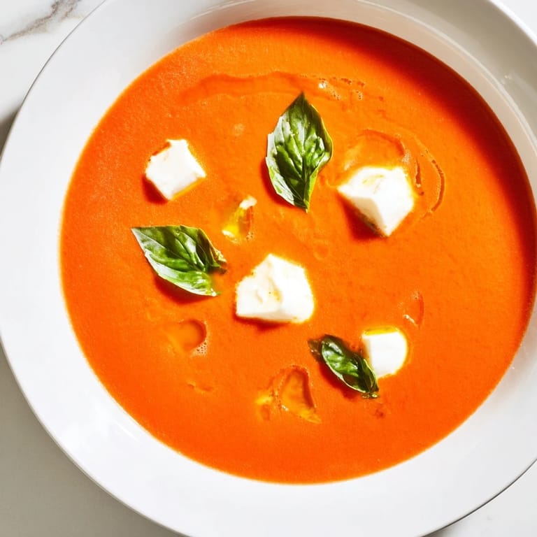 Enjoy a spoonful of the flavorful Creamy Tomato Mozzarella Soup, perfect for a cozy, comforting dinner.