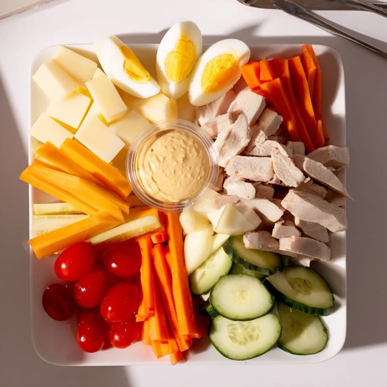 Fresh, colorful protein snack boxes, featuring hummus and whole-grain crackers for a satisfying meal.