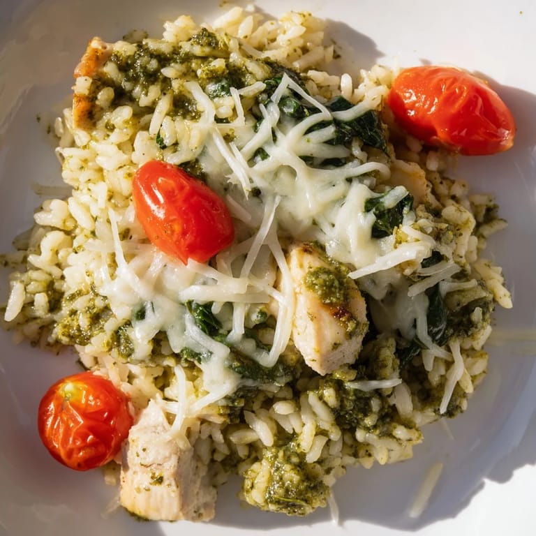Tender chicken, creamy rice, and vibrant pesto star in this easy, cheesy Chicken Pesto Rice Bake, perfect for weeknights.