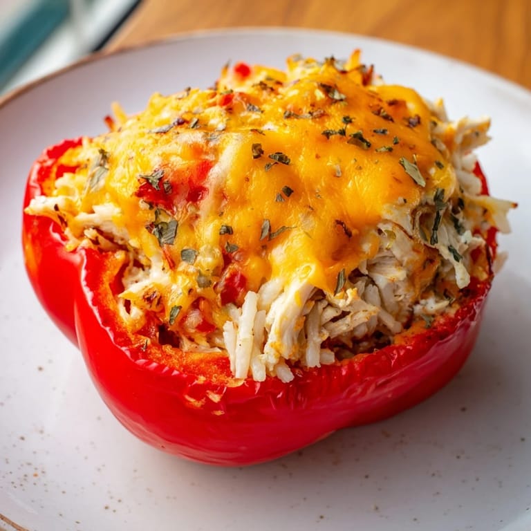 Up close, cheesy goodness: freshly baked Cheesy Chicken Stuffed Peppers with tender chicken and rice inside.