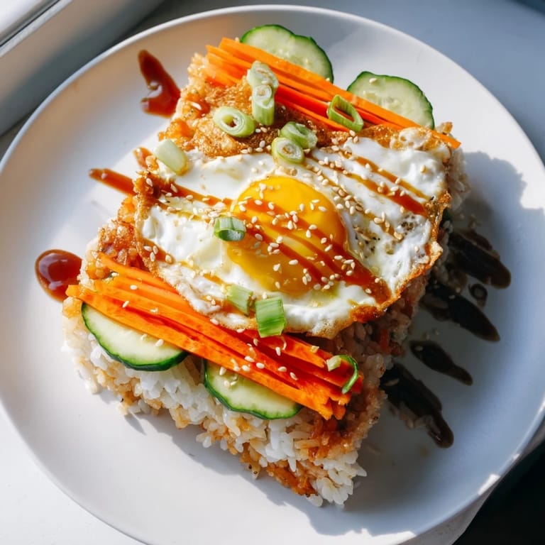 Enjoy a visually appealing crispy egg rice bowl: a delightful Asian-inspired meal with fresh ingredients.
