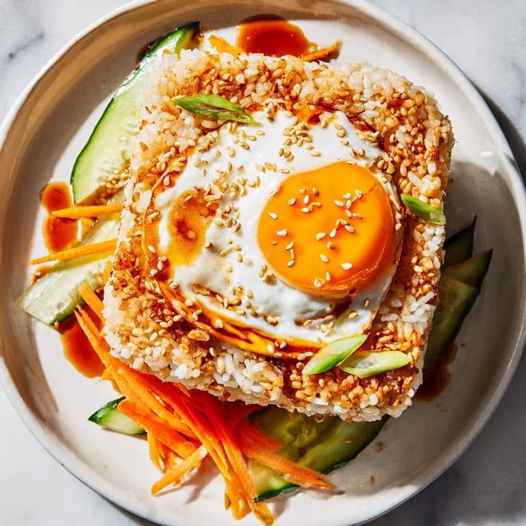 A close-up of a crispy egg rice bowl, showcasing golden rice and a beautifully fried egg.
