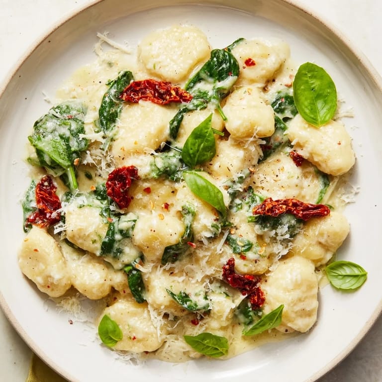 Golden-brown creamy Tuscan gnocchi, packed with sun-dried tomatoes and spinach, ready to serve with Parmesan.
