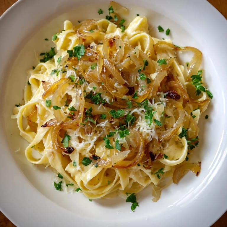 A steaming bowl of comforting One-Pot French Onion Pasta, featuring caramelized onions and savory broth.