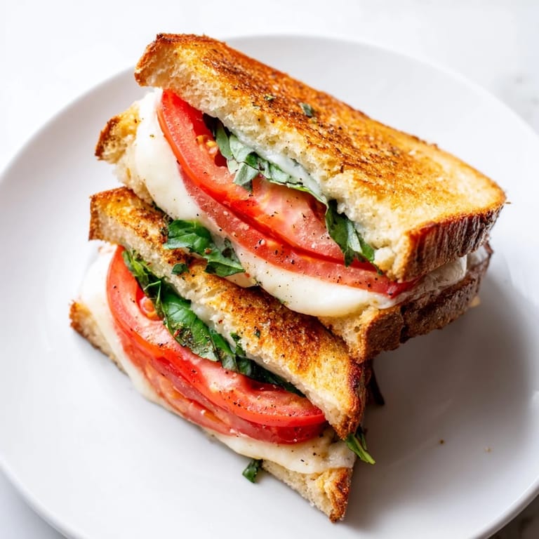 Fresh tomato and basil grilled cheese, featuring warm melted mozzarella between toasted bread, American comfort food.