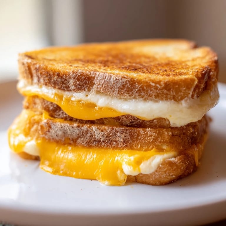 Close-up of a perfectly grilled Mayo Grilled Cheese, the bread beautifully browned, oozing cheese within.