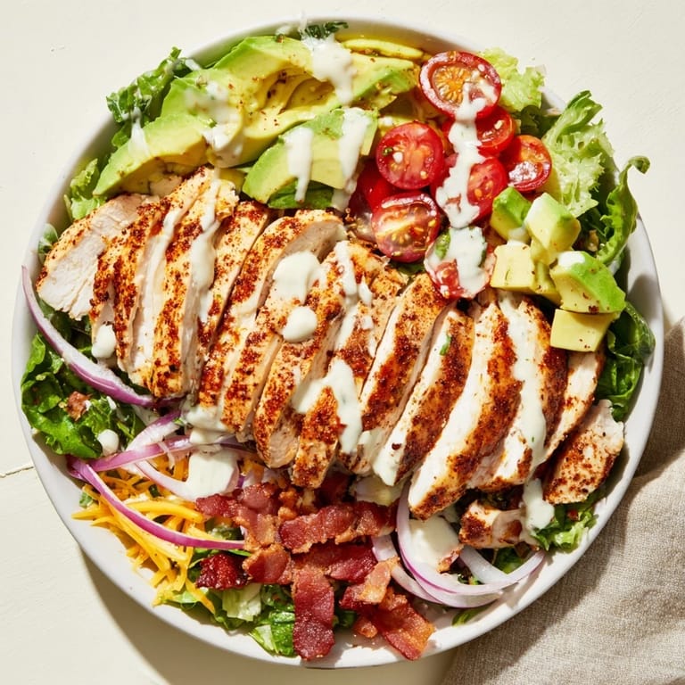 A close-up view of a flavorful crispy bacon chicken salad, perfect for a light yet filling lunch.