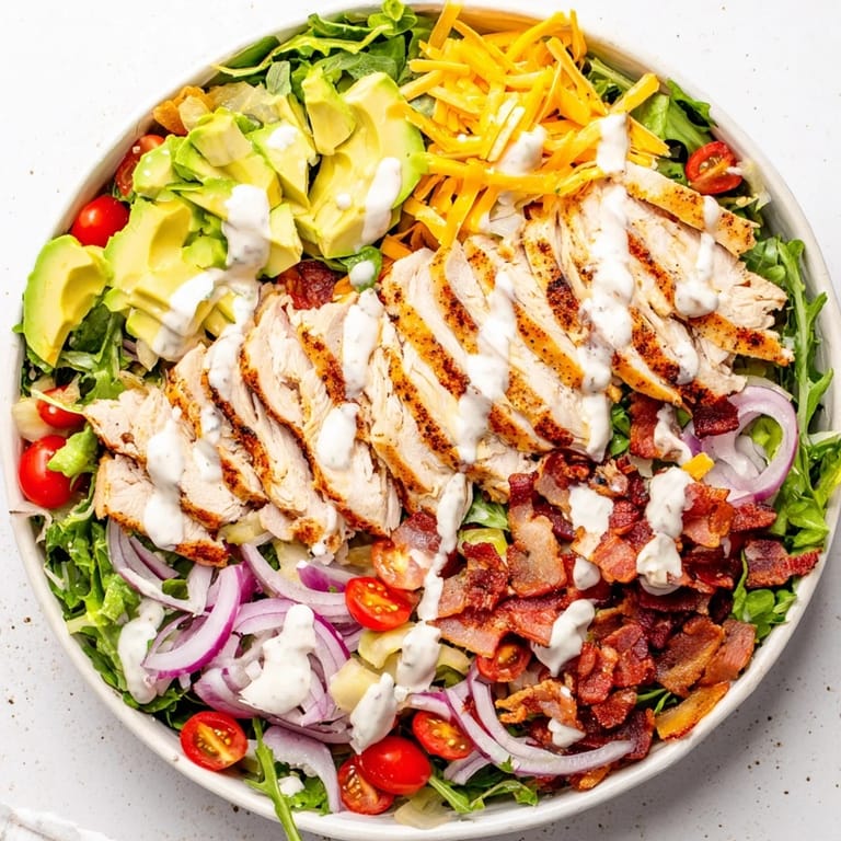 This image shows a beautifully arranged crispy bacon chicken salad, a flavor-packed, satisfying meal.