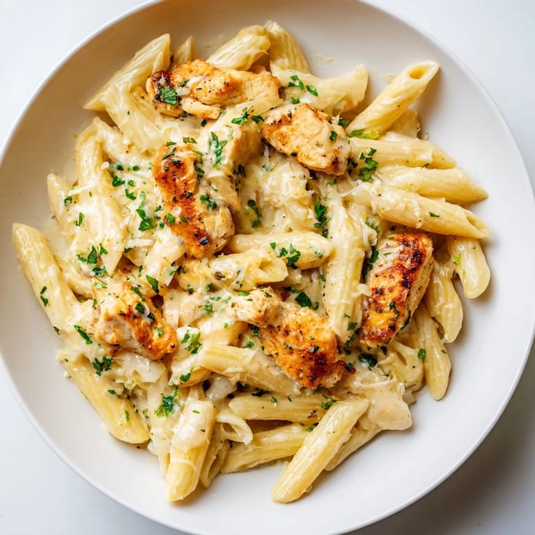 Tender chicken and penne pasta bathed in a flavorful Quick Garlic Parmesan Chicken Pasta dish.