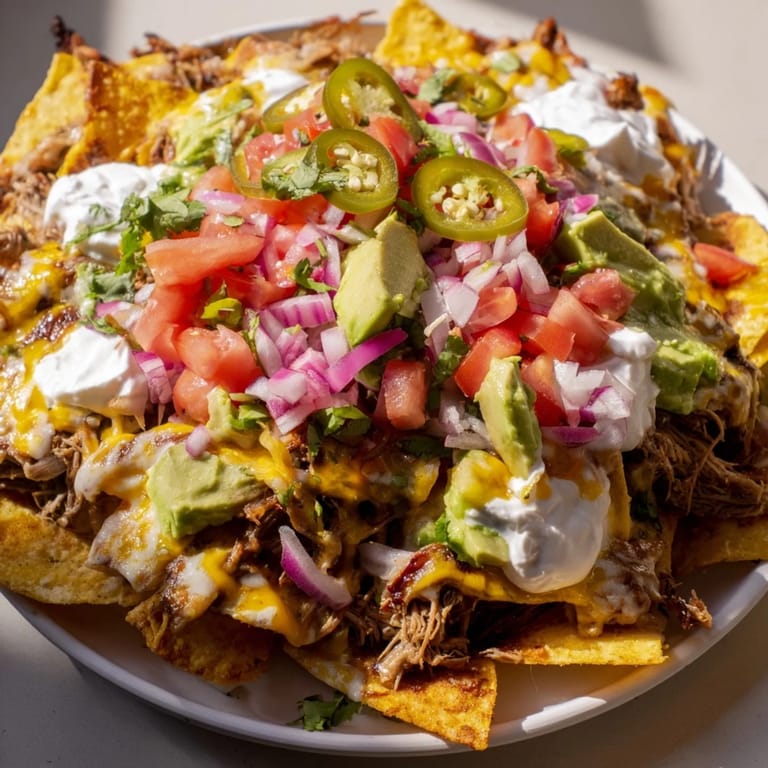 Golden, crispy tortilla chips loaded with pulled pork, queso, and fresh toppings make savory nachos.