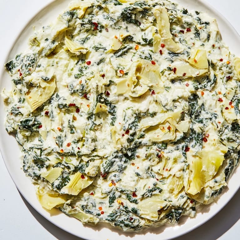 Close-up of creamy, baked spinach artichoke dip, with visible pieces of artichoke.