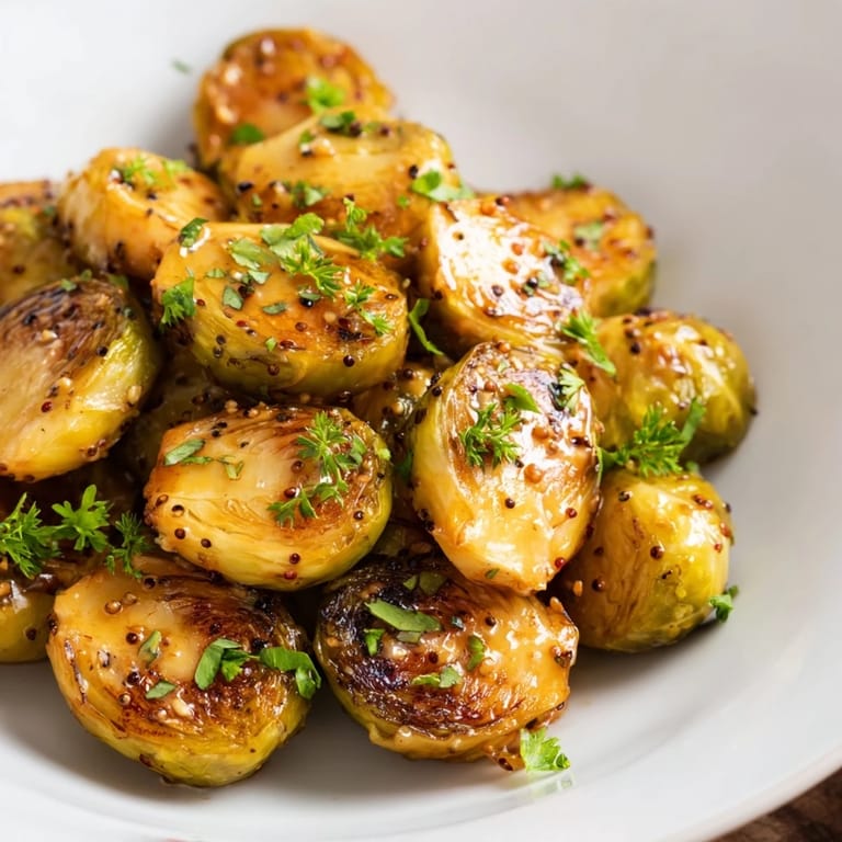 Golden-browned Honey Mustard Glazed Brussels Sprouts, featuring tender roasted vegetables, perfect for a side.