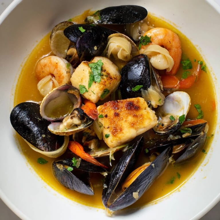 A vibrant close-up of Bouillabaisse, showcasing the tender fish and mussels in a flavorful broth.
