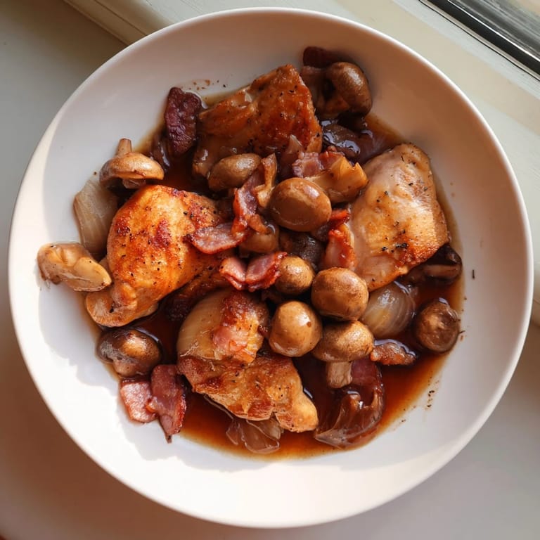 Golden chicken pieces and vegetables simmer in red wine for this classic Coq au Vin dish.