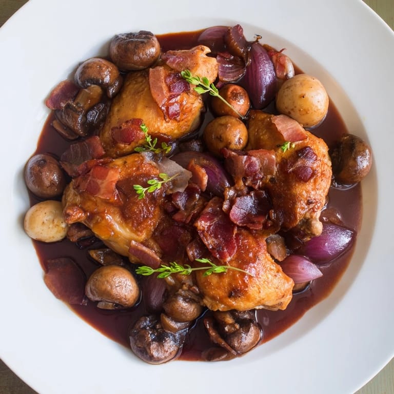 This Coq au Vin recipe showcases succulent chicken braised in a flavorful, red wine reduction.