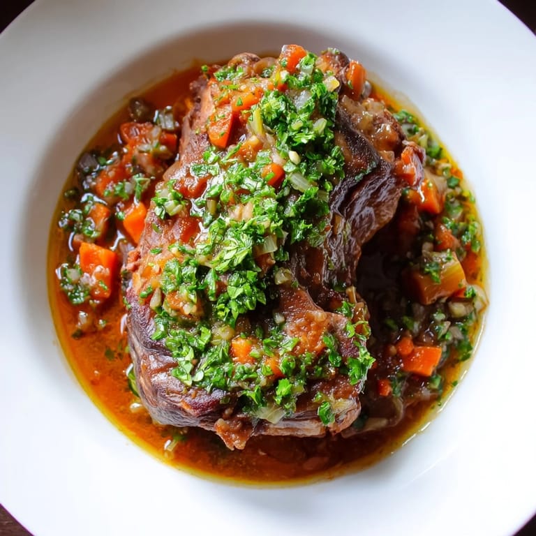 Slow-braised Osso Buco with meltingly soft veal, a classic Italian dish ready to enjoy.