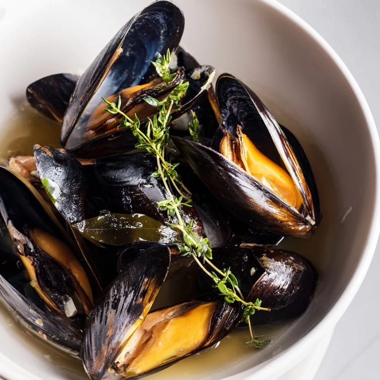 A flavorful bowl of Belgian Moules Marinière boasts plump mussels in a fragrant, white wine broth.
