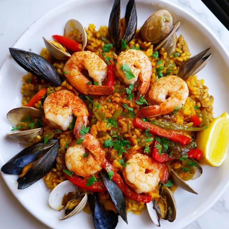 Aromatic Spanish Seafood Paella: golden saffron rice studded with plump shrimp and mussels, ready to enjoy.