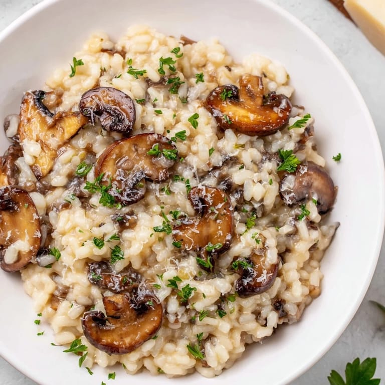 Close-up of golden Italian Mushroom Risotto, showcasing the creamy Arborio rice and mushrooms.