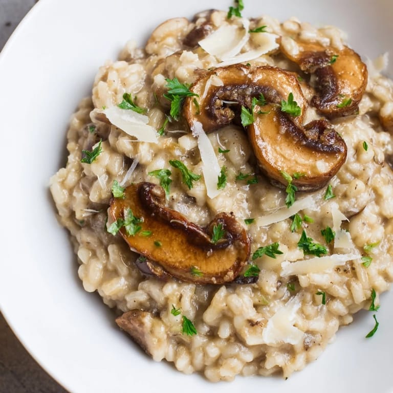 A bowl of delicious Italian Mushroom Risotto, perfect as a vegetarian main course, garnished with Parmesan.