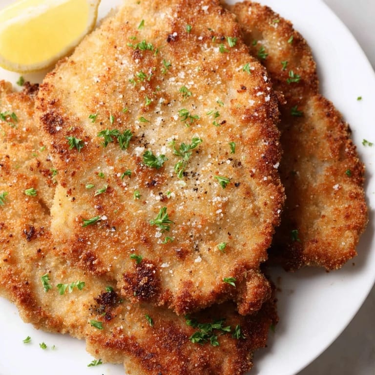 Crispy breaded veal cutlets, the iconic Austrian Wiener Schnitzel, fresh from the skillet, ready to eat.