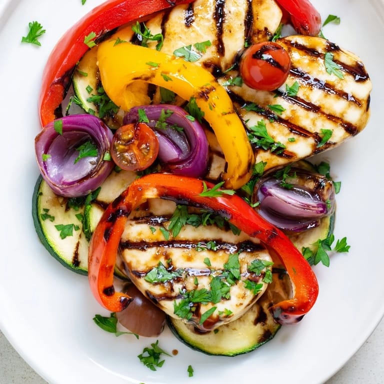 A close-up of juicy halloumi cheese steaks layered with charred vegetables and halved cherry tomatoes, drizzled with olive oil.