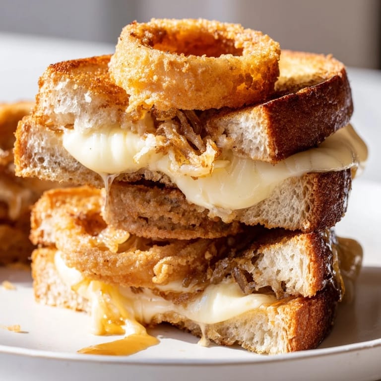 Sliced in half to showcase the gooey cheese pull and crispy fried onion filling, this homemade Crispy Onion Grilled Cheese looks irresistibly crunchy and delicious.