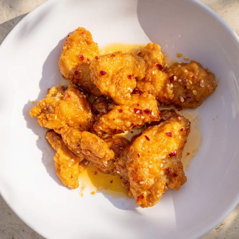 Sizzling fried hot honey butter chicken being tossed in a skillet with a rich, spicy golden sauce, ready for dinner.