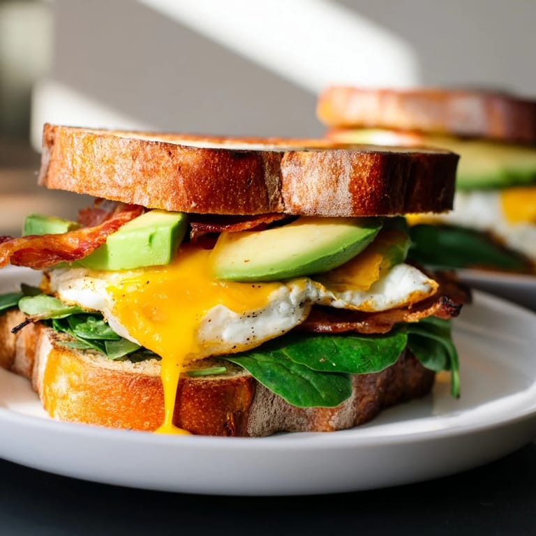 A hearty Loaded Breakfast Sandwich stacked with creamy avocado, crispy bacon, and melty cheese on buttery toasted bread for a satisfying morning meal.  