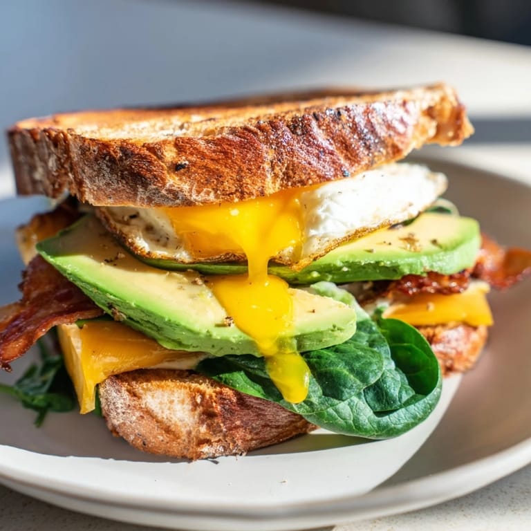 The Loaded Breakfast Sandwich showcases layers of bacon, gooey cheddar, fresh avocado, and a runny egg, served with a side of steaming coffee.